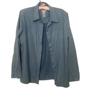 Vintage Liz Claiborne Dusty Blue Faux Suede Button Up Collared Shirt Longsleeve